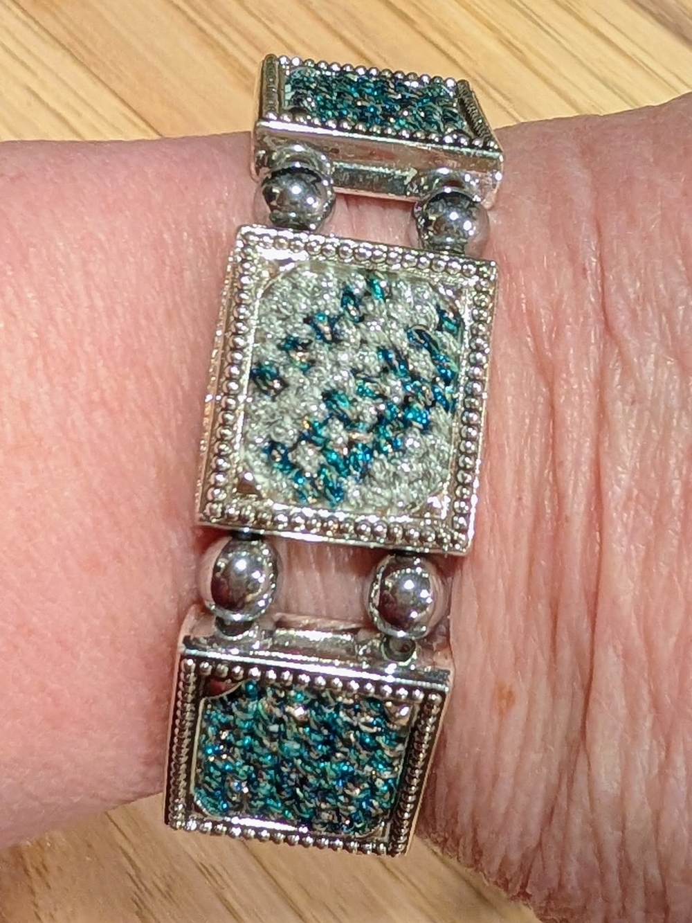Source Unknown Silver-Tone Bracelet with Teal and Light Green Embroidery